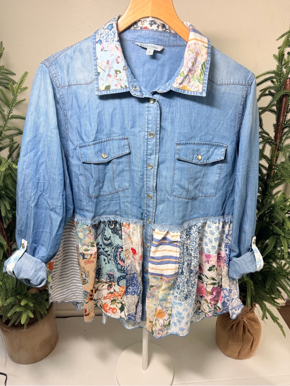 John Mark Light Blue Denim Button-Front Top with Patchwork Hem
